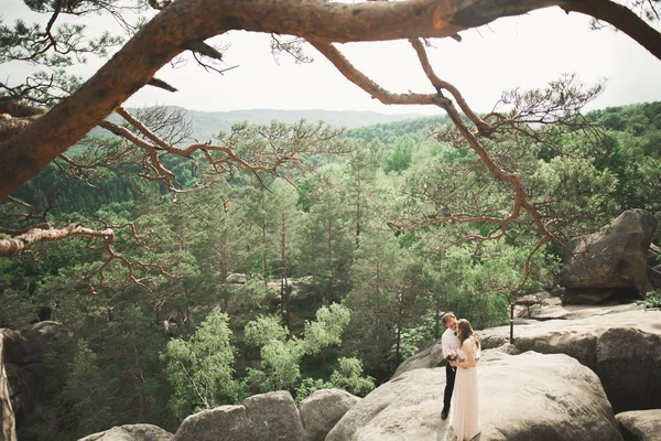 Preciosa novia, novio besándose y abrazándose cerca de los acantilados con impresionantes vistas — Foto de Stock