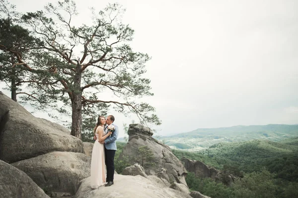 Preciosa novia, novio besándose y abrazándose cerca de los acantilados con impresionantes vistas — Foto de Stock