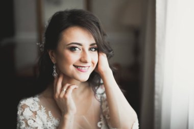 Tüylü, lüks makyaj, saç stili, stüdyo içi fotoğraf çekimi olan güzel bir gelin.