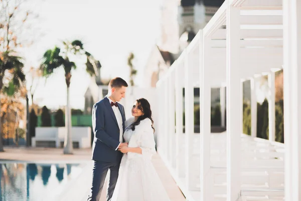 Pareja Perfecta Novia Novio Posando Besándose Día Boda — Foto de Stock