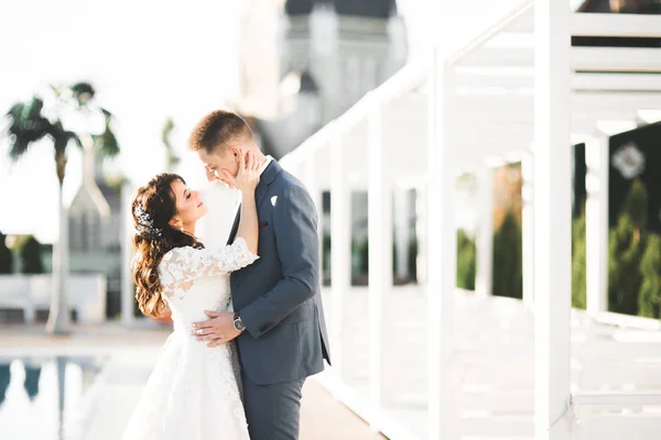 Pareja perfecta novia, novio posando y besándose en el día de su boda — Foto de Stock