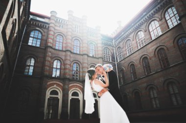 Lüks evli çift, gelin ve damat eski şehirde poz veriyor.