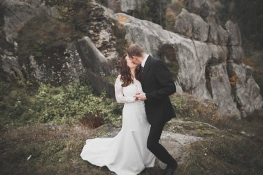 Güzel dağlarda poz veren mutlu bir düğün çifti.