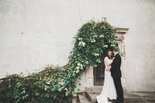 Mooi romantisch huwelijk paar van pasgetrouwden knuffelen in de buurt van oud kasteel — Stockfoto