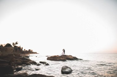 Düğün çifti mavi denizin yanındaki kayalarda öpüşüyor ve sarılıyor.