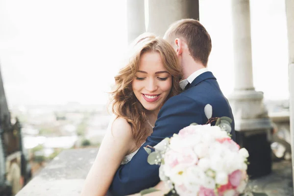 Stylish beautiful wedding couple kissing and hugging on background panoramic view of the old town — Stock Photo, Image