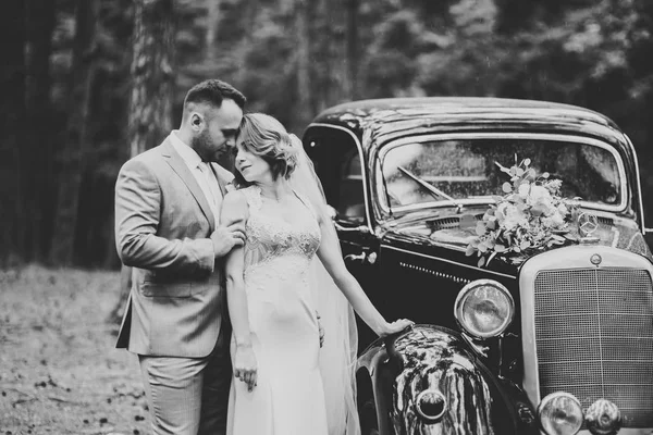 Невеста, жених, позирующая и целующаяся в день свадьбы — стоковое фото