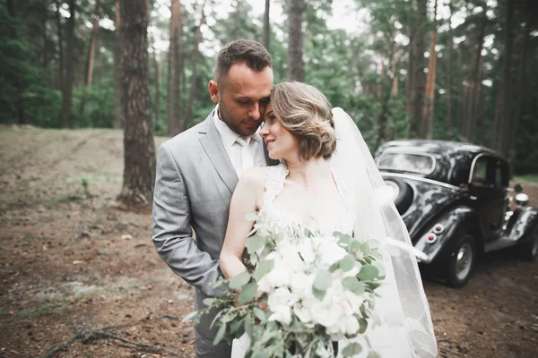 Mükemmel bir çift gelin ve damat düğün günlerinde poz verip öpüşürler.