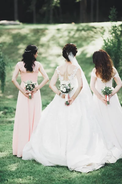 Portrét ohromující nevěsty s dlouhými vlasy pózující s velkou kyticí — Stock fotografie