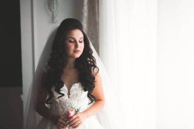 Cüppeli muhteşem gelin bir odada düğün töreni için poz veriyor ve hazırlanıyor.