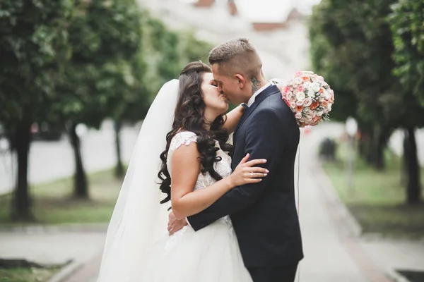 Elegante pareja de recién casados felices caminando en el parque el día de su boda con ramo — Foto de Stock