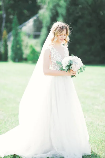 Bela noiva de luxo em vestido branco elegante — Fotografia de Stock