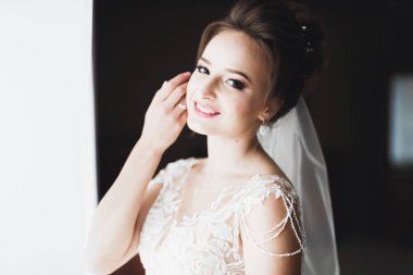 Cüppeli muhteşem gelin bir odada düğün töreni için poz veriyor ve hazırlanıyor.