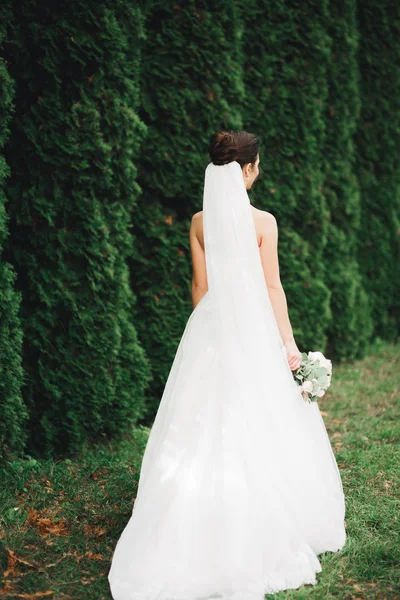 Hermosa novia en elegante vestido blanco sosteniendo ramo posando en el parque — Foto de Stock