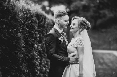 Botanik parkında yürüyen mutlu bir çift.