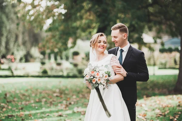 Casamento recém-casado casal correndo e pulando no parque, mantendo as mãos — Fotografia de Stock