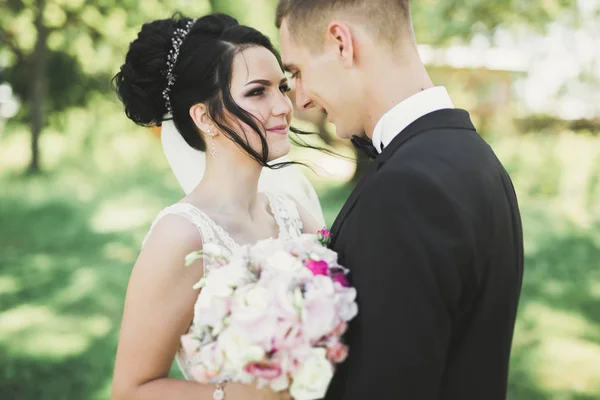 Romántico, cuento de hadas, feliz pareja recién casada abrazándose y besándose en un parque, árboles en el fondo — Foto de Stock