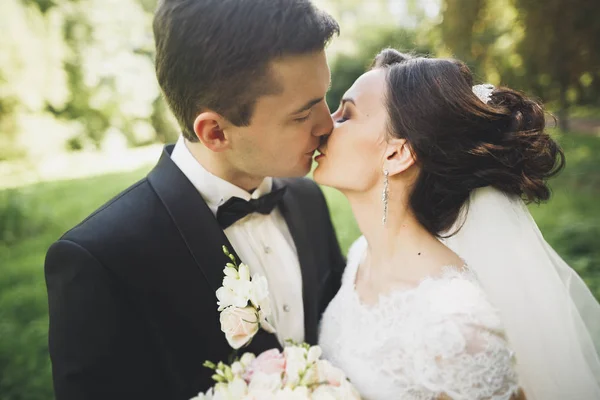 Beijar casal de casamento na primavera natureza close-up retrato — Fotografia de Stock