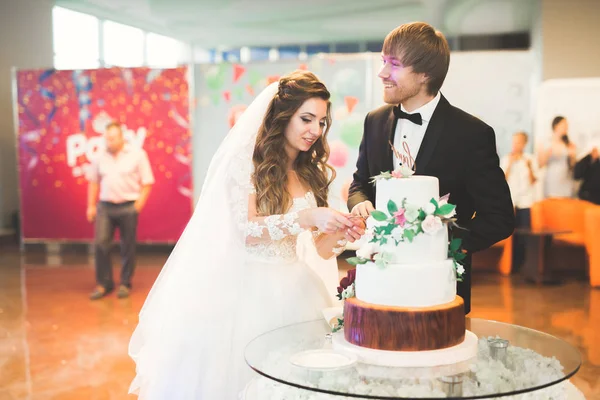 Novia y novio en la boda de corte de la torta de boda — Foto de Stock