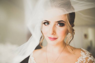 Cüppeli muhteşem gelin bir odada düğün töreni için poz veriyor ve hazırlanıyor.