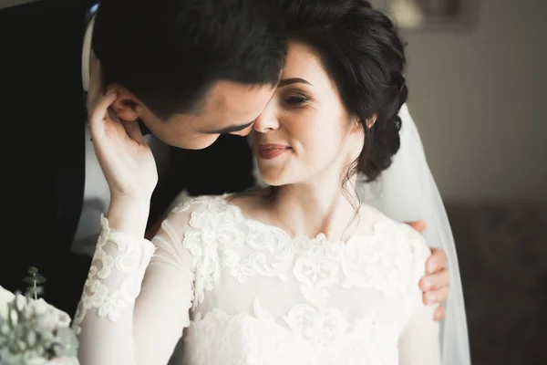 Mükemmel bir çift gelin ve damat düğün günlerinde poz verip öpüşürler. — Stok fotoğraf