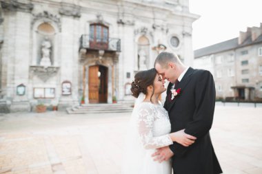 Mükemmel bir çift gelin ve damat düğün günlerinde poz verip öpüşürler.