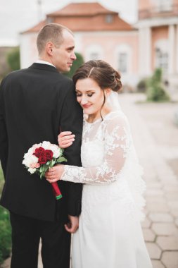 Güzel, romantik bir düğün. Yeni evliler. Eski kalenin yakınlarında sarılıyorlar.