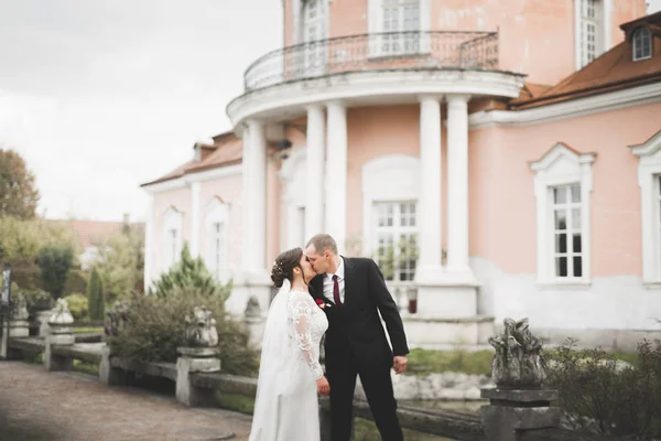 Casal romântico bonito casal de recém-casados abraçando perto do castelo velho — Fotografia de Stock
