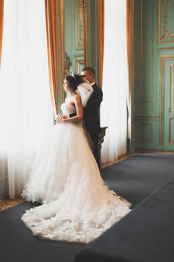 Mükemmel bir çift gelin ve damat düğün günlerinde poz verip öpüşürler.