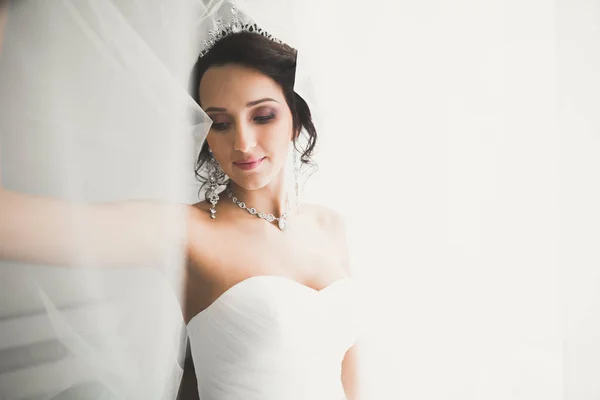 华丽的新娘，身穿长袍，在一个房间里摆出姿势，准备婚礼 — 图库照片