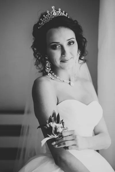 Retrato de novia hermosa con velo de moda en la mañana de la boda — Foto de Stock