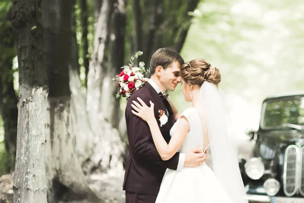 Mutlu yeni evli çift karı şık retro arabanın yakınında öpüşme — Stok fotoğraf