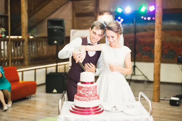 Novia y novio en la boda de corte de la torta de boda — Foto de Stock