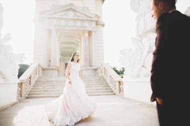 Lüks bir düğün çifti, gelin ve damat lüks şehirde poz veriyor.