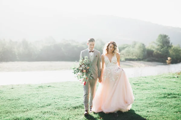 Romantico, fiaba, felice coppia di sposi che si abbraccia e si bacia in un parco, alberi e fiume sullo sfondo — Foto Stock