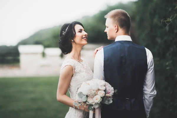 Mükemmel bir çift gelin ve damat düğün günlerinde poz verip öpüşürler. — Stok fotoğraf