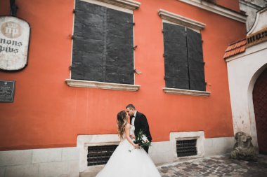 Kafkasyalı mutlu romantik çift evliliklerini kutluyor. Açık hava.