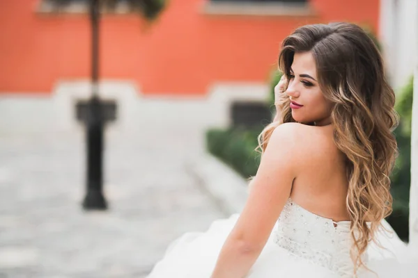 Schöne Modebraut im Brautkleid posiert — Stockfoto