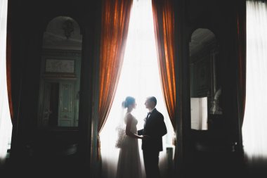 Mükemmel bir çift gelin ve damat düğün günlerinde poz verip öpüşürler.