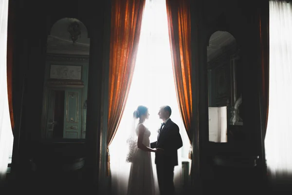 Perfect couple bride, groom posing and kissing in their wedding day — Stock Photo, Image