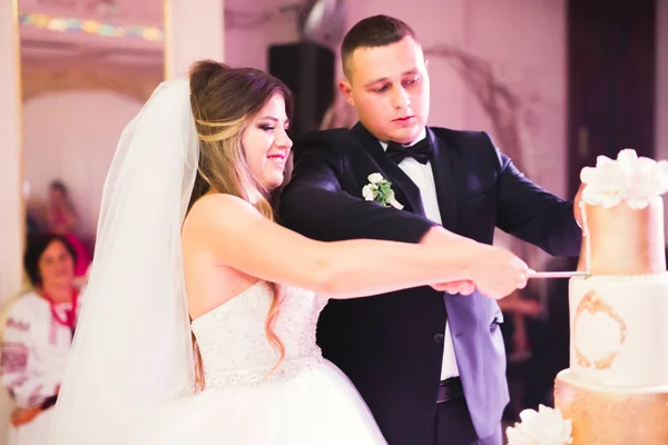 Novia y novio en la boda de corte de la torta de boda — Foto de Stock