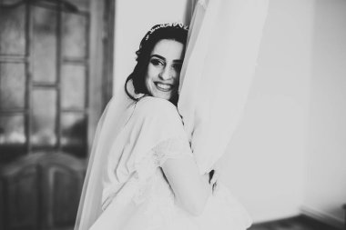 Tüylü, lüks makyaj, saç stili, stüdyo içi fotoğraf çekimi olan güzel bir gelin.