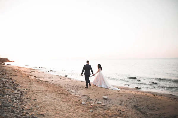 Pareja feliz boda quedarse sobre hermoso paisaje — Foto de Stock