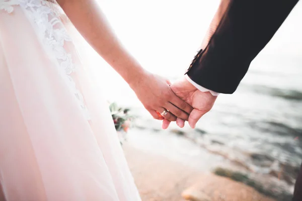 Свадебная пара невеста и жених держатся за руки — стоковое фото
