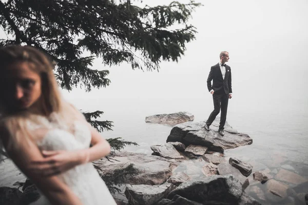 Happy wedding couple staying over beautiful landscape — Stock Photo, Image