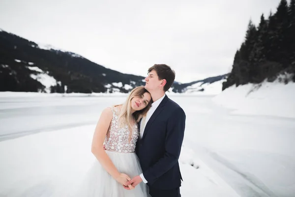 Momento de boda romántico, pareja de recién casados sonriendo retrato, novia y novio abrazándose —  Fotos de Stock