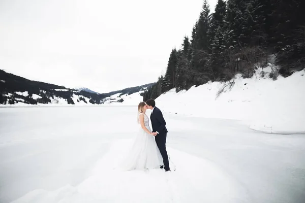 結婚したばかりの夫婦がキスをし、背景に雪の山の風景 — ストック写真