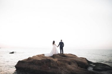 Şık, şık, mutlu bir düğün çifti, gelin, deniz ve gökyüzünün arka planında muhteşem bir damat.