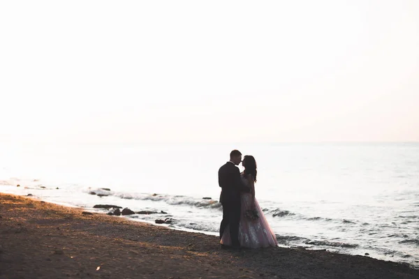 Casal de casamento feliz ficar sobre bela paisagem — Fotografia de Stock