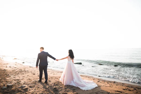 Elegante pareja de boda feliz elegante, novia, magnífico novio en el fondo del mar y el cielo —  Fotos de Stock